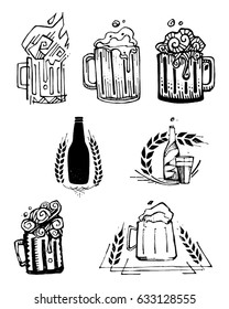 Hand drawn vector illustration or drawing of some beer jars and bottles