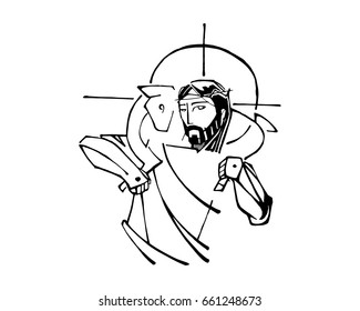 Hand drawn vector illustration or drawing of Jesus Christ and a sheep