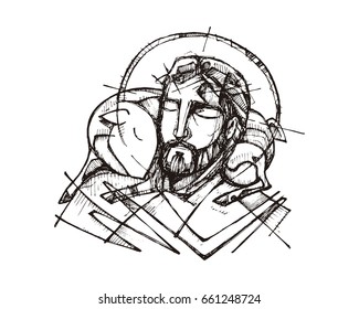 Hand drawn vector illustration or drawing of Jesus Christ and a sheep