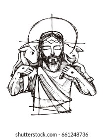 Hand drawn vector illustration or drawing of Jesus Christ and a sheep