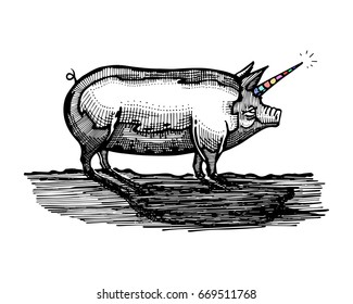 Hand drawn vector illustration or drawing of a pig with unicorn horn