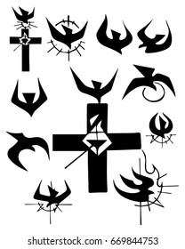 Hand drawn vector illustration or drawing of a Christian Cross and other religious symbols