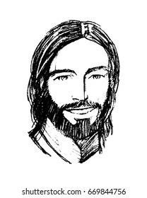 Hand drawn vector illustration or drawing of Jesus Christ smiling face 