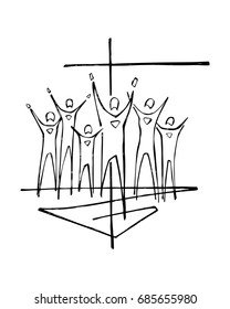 Hand drawn vector illustration or drawing of some people and religious Cross symbol
