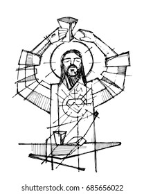 Hand drawn vector illustration or drawing of Jesus Christ and Eucharist religious symbols