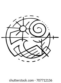 Hand drawn vector illustration or drawing of a sun water and mountain ink symbol