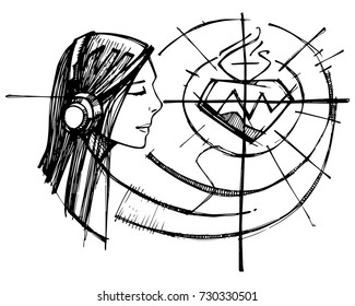 Hand drawn vector illustration or drawing of a woman listening to Jesus Sacred Heart