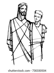 Hand drawn vector illustration or drawing of Jesus Christ walking with young man