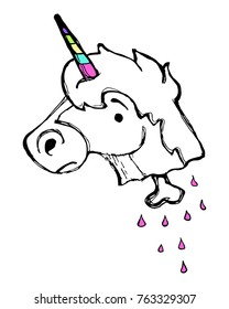 Hand drawn vector illustration or drawing of a unicorn head with pink blood