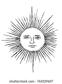 Dibujado a mano Ilustración vectorial o dibujo de un sol con cara humana