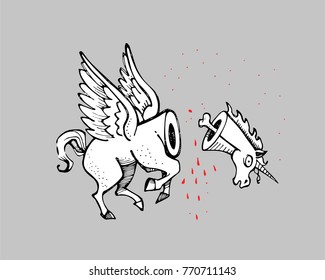 Hand drawn vector illustration or drawing of a beheaded unicorn