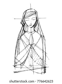 Hand drawn vector illustration or drawing of Virgin Mary praying 
