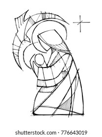 Hand drawn vector illustration or drawing of Virgin Mary with Baby Jesus and Holy Spirit