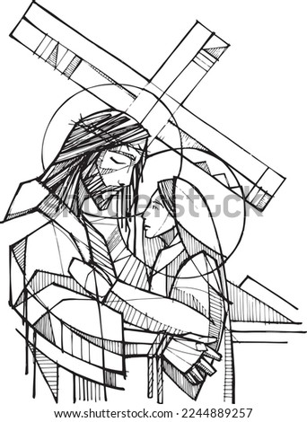 Hand drawn vector illustration or drawing of Jesus finding his mother
