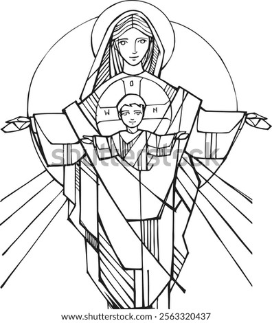 Hand drawn vector illustration or drawing of mother mary with baby jesus