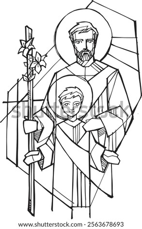 Hand drawn vector illustration or drawing of Saint Joseph and Child Jesus