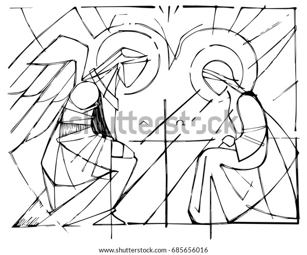 受胎告知で聖母マリアとガブリエル アーチャンゲルの手描きのベクトルイラストまたは絵 のベクター画像素材 ロイヤリティフリー 685656016