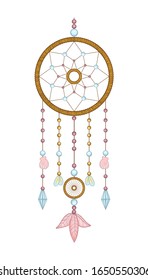 Hand drawn vector illustration of dream catcher boho native american indian talisman dreamcatcher. Magic tribal feathers. 
