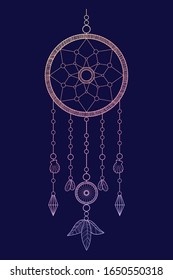 Hand drawn vector illustration of dream catcher in line work style. Dreamcatcher decorated with feathers and beads in countur drawing with gradient. Isolated on white.