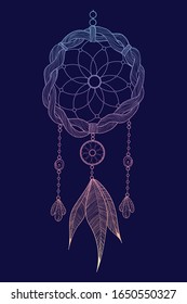 Hand drawn vector illustration of dream catcher in line work style. Dreamcatcher decorated with feathers and beads in countur drawing with gradient. Isolated on white.