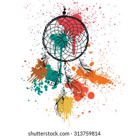 Hand drawn vector illustration - Dreamcatcher and color spots