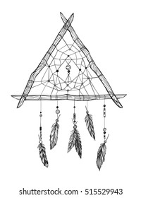 Hand drawn vector illustration - Dreamcatcher. Tribal design element. Perfect for invitations, greeting cards, posters, prints
