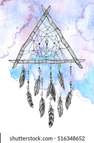 Hand drawn vector illustration - Dreamcatcher. Tribal design element. Perfect for invitations, greeting cards, posters, prints