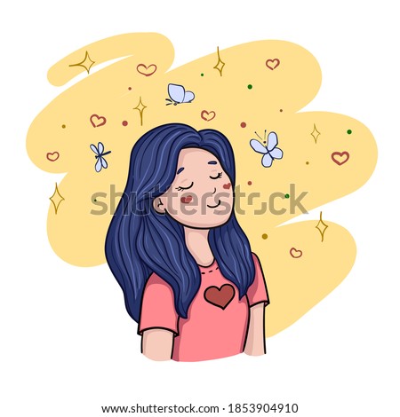 Hand drawn vector illustration. Dreamy hopefull girl with blue hair smiling. Yellow background with heart and butterfies. Poster of card about relaxation, happyness, dreams and youth