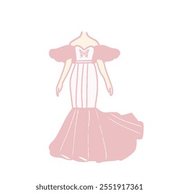 Ilustración vectorial dibujada a mano de un vestido con tonos rosados. 
Un vestido que da una impresión elegante. Bosquejo de una tapa de la moda de las mujeres aislado en un fondo blanco.