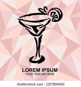 Hand Drawn Vector Illustration of Drinks Alcohol Beverage Cocktail Wine Beer with Rose Gold Pink Background. Doodle, Sketch, Ink, Brush for Template, Icon, Logo.