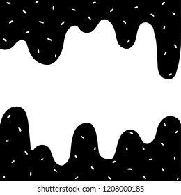 Hand drawn vector illustration of Dripping Liquid with blank space. Black flowing liquid and white sprinkles.
