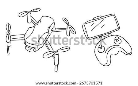 Hand drawn vector illustration of a drone with four propellers and remote control with screen in outline style. Concept of technology, innovation and modern gadget