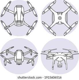 Hand drawn vector illustration of drones. Cute quadcopter set doodles with camera from different angles isolated on white background.
