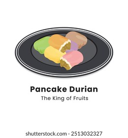 Ilustración vectorial dibujada a mano de Durian Pancakes. Los panqueques de durión son postres hechos de fruta de durión envueltos en masa de harina de trigo con varios sabores.