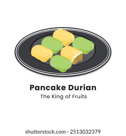 Ilustración vectorial dibujada a mano de Durian Pancakes. Los panqueques de durión son postres hechos de fruta de durión envueltos en masa de harina de trigo con varios sabores.