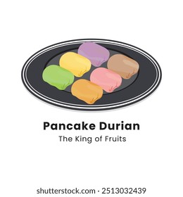 Ilustración vectorial dibujada a mano de Durian Pancakes. Los panqueques de durión son postres hechos de fruta de durión envueltos en masa de harina de trigo con varios sabores.