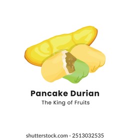 Ilustración vectorial dibujada a mano de Durian Pancakes. Los panqueques de durión son postres hechos de fruta de durión envueltos en masa de harina de trigo con varios sabores.