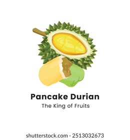 Ilustración vectorial dibujada a mano de Durian Pancakes. Los panqueques de durión son postres hechos de fruta de durión envueltos en masa de harina de trigo con varios sabores.