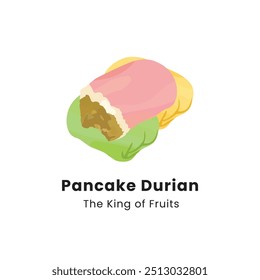 Ilustración vectorial dibujada a mano de Durian Pancakes. Los panqueques de durión son postres hechos de fruta de durión envueltos en masa de harina de trigo con varios sabores.