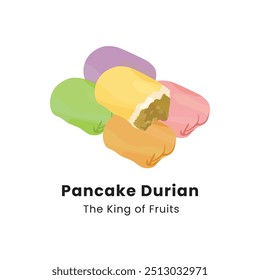 Ilustración vectorial dibujada a mano de Durian Pancakes. Los panqueques de durión son postres hechos de fruta de durión envueltos en masa de harina de trigo con varios sabores.