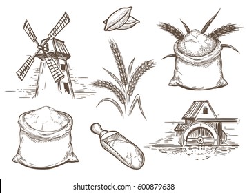 Hand drawn vector illustration with ears of wheat and flour sacks. Retro sketch bakery elements with mill and whole grains isolated on white background