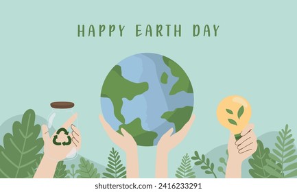 Hand drawn vector illustration of earth day, world environment day concept minimal flat doodle drawing. Hands holding the earth, reusable container, green energy light bulb. For web, banner, media