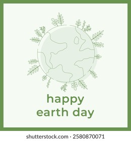 Hand drawn vector illustration of Earth day line drawn, world environment day concept minimal flat doodle drawing. The earth with greeney happy earth day. For web, banner, campaign, social media post.