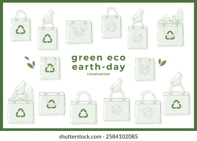 Hand drawn vector illustration of Earth day eco friendly reusable tote bag concept minimal outline doodle drawing element set. Save the earth, eco friendly. For web, banner, campaign, social media