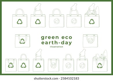 Hand drawn vector illustration of Earth day eco friendly reusable tote bag concept minimal outline doodle drawing element set. Save the earth, eco friendly. For web, banner, campaign, social media