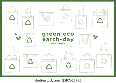 Hand drawn vector illustration of Earth day eco friendly reusable tote bag concept minimal outline doodle drawing element set. Save the earth, eco friendly. For web, banner, campaign, social media