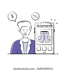 Ilustración vectorial dibujada a mano de la interfaz de usuario del App de compras de comercio electrónico.