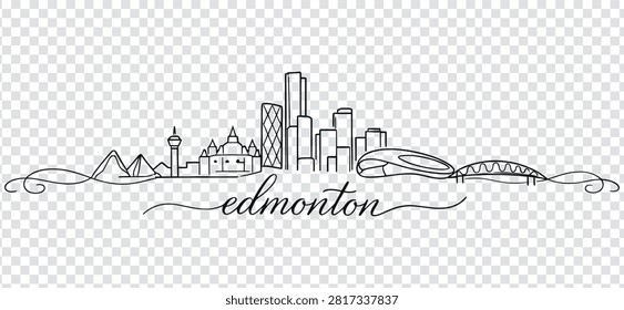 Hand drawn vector illustration of Edmonton city skyline, Alberta, Canada. Linear sketch of the city buildings and landmarks with elegant calligraphy.