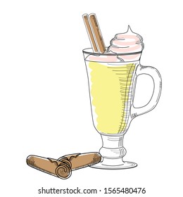 Hand drawn vector illustration of eggnog with cinnamon isolated on white background