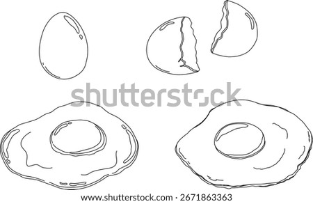 Hand drawn vector illustration of eggs. Cracked egg shell, raw egg, fried egg. Simple line art.